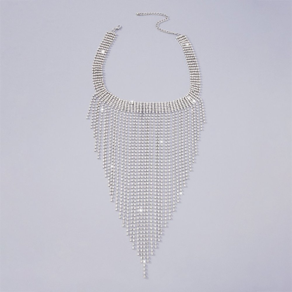 Bling Silver Crystal Long Drop Tassel Choker Necklace - Party Evening‎ Statement - Picture 6 of 9